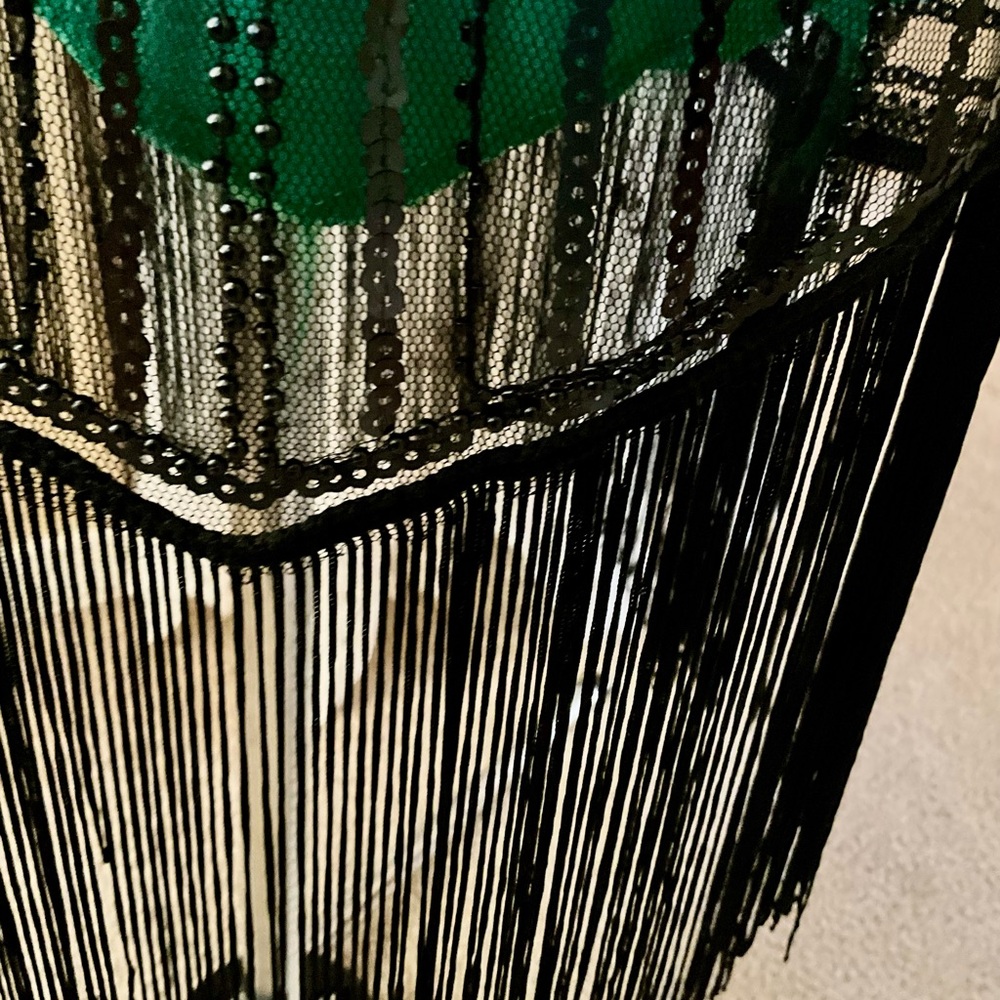 Black beaded dress over green with tassels on bottom - Picture 7 of 8